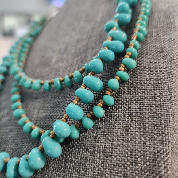 Layered Turquoise Glass Bead Statement Necklace Brass Seed Beads 16–19" - Picture 7 of 8